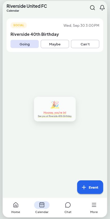 A TeamZy event with one-tap RSVP, who's coming and attendance