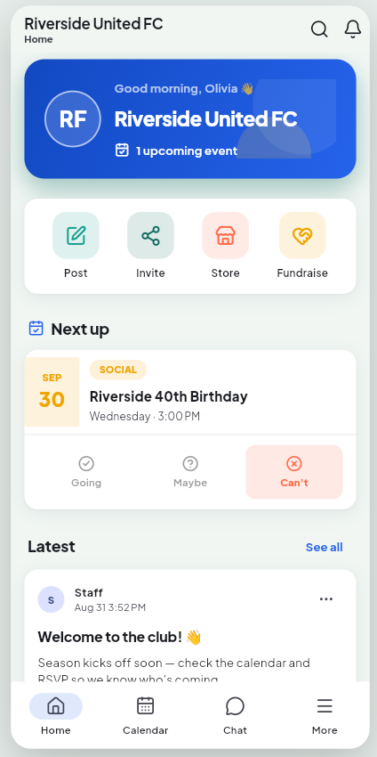 TeamZy home screen showing a club dashboard with quick actions and the latest news