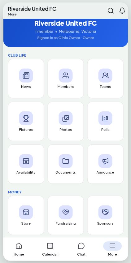 TeamZy club hub with quick-access tiles for news, chat, teams, store, fundraising and more