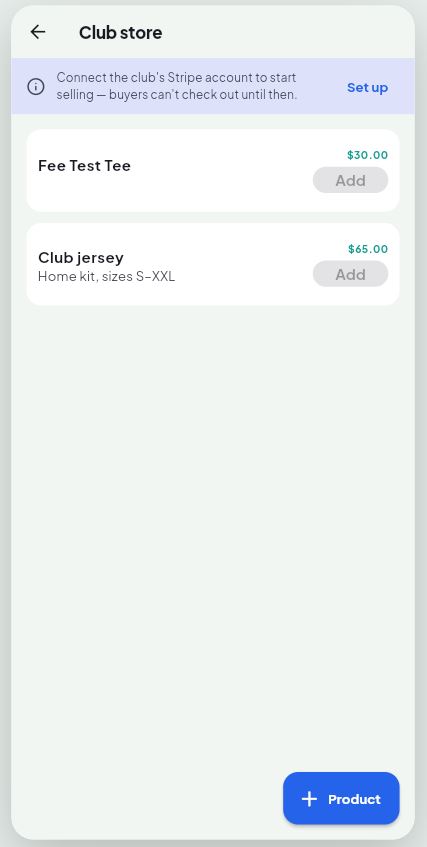 The TeamZy club store with items and sizes
